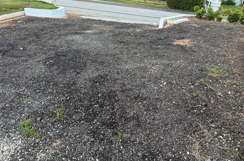 Parking area before paving: loose, uneven surface with weeds growing through