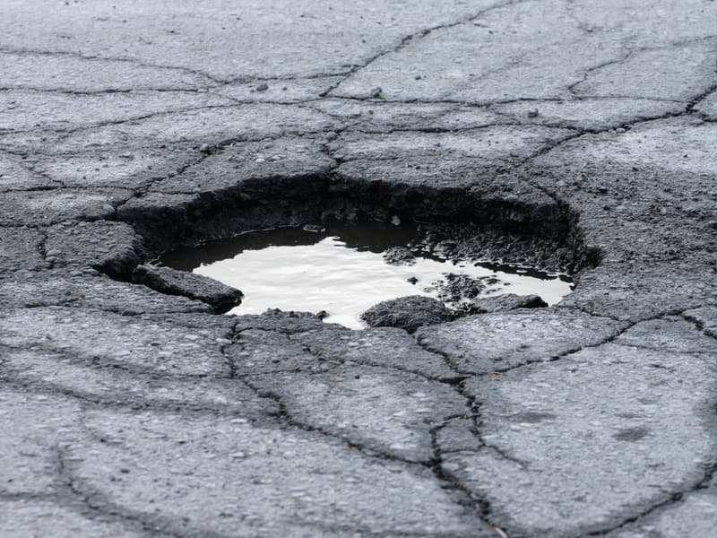 Water-filled pothole in cracked, broken asphalt